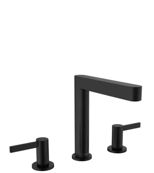 Schwarze Hansgrohe Waschtischarmatur mit drei Löchern, bestehend aus einem hohen Wasserhahn und zwei Bedienelementen, in mattem Finish.